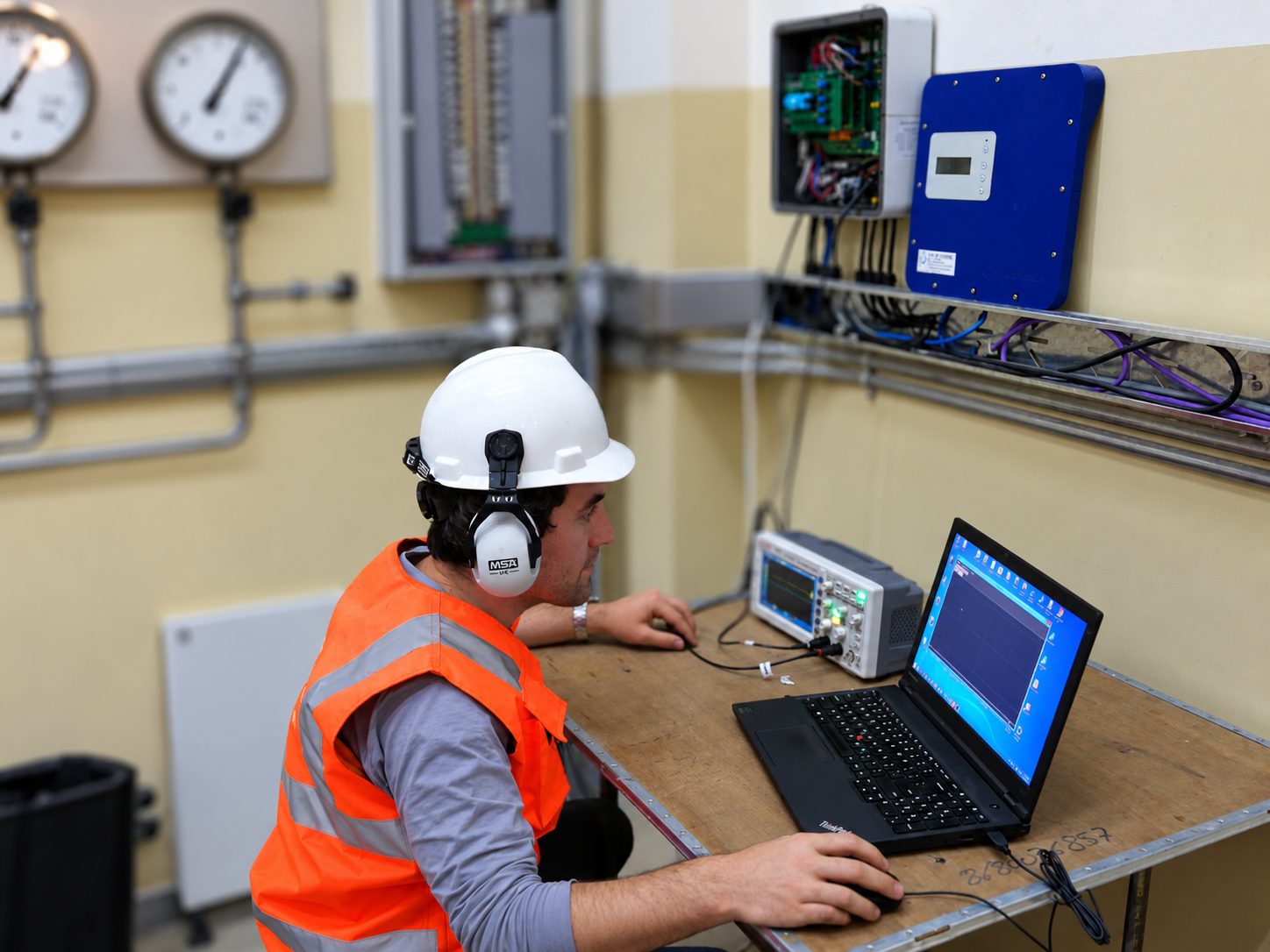 Engineer commissioning a control system with a laptop and oscilloscope