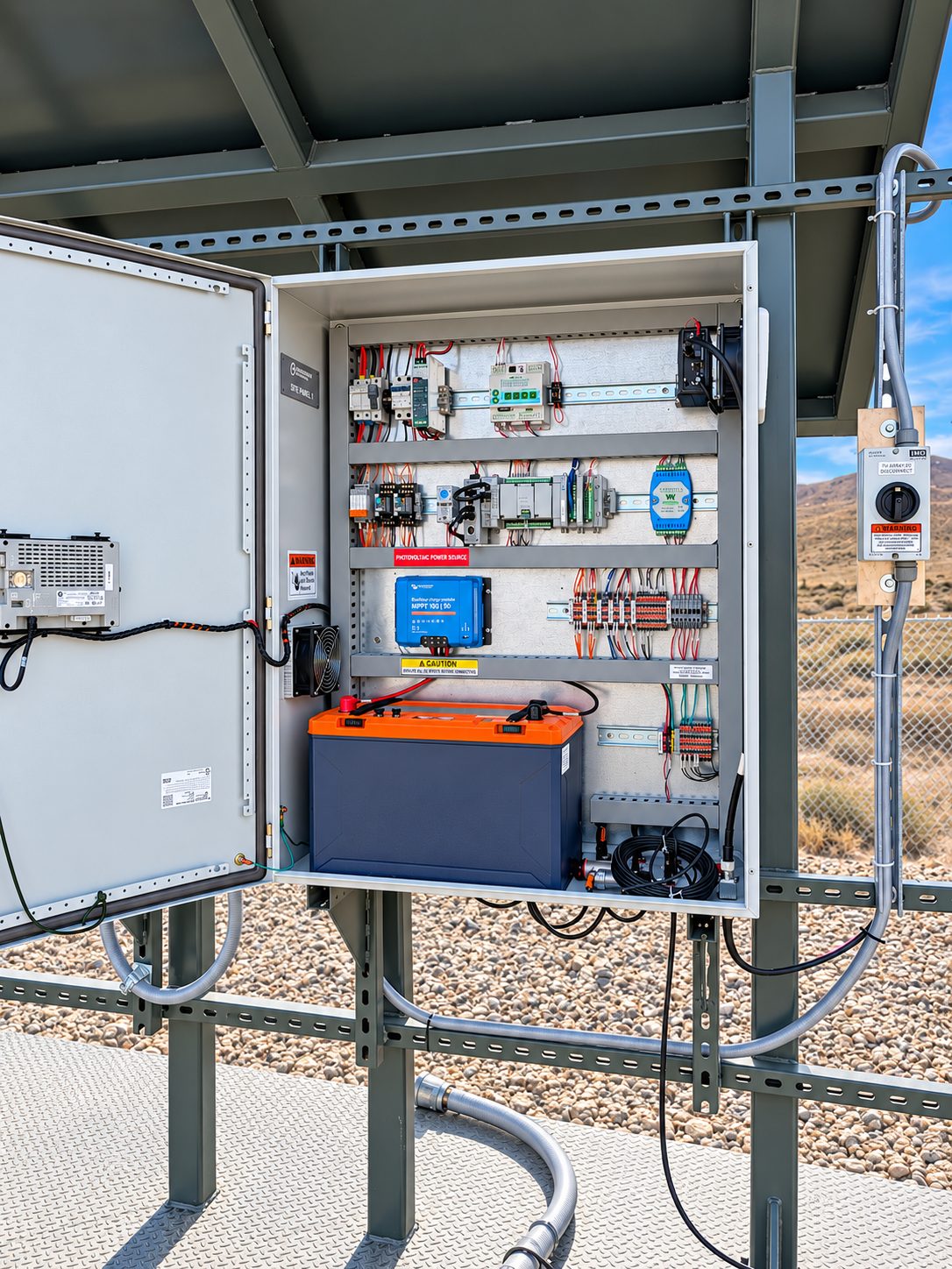 Inside a SiteNet C&A cabinet: labeled, color-coded wiring, controller, charge controller and battery