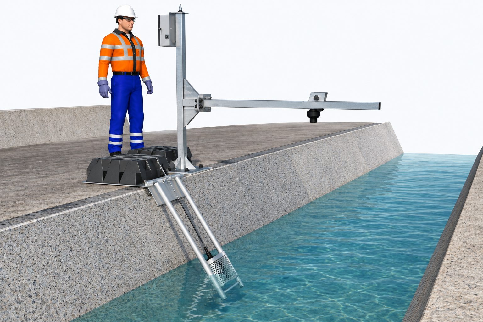 Render of a velocity and water quality sensor arm over a lined channel