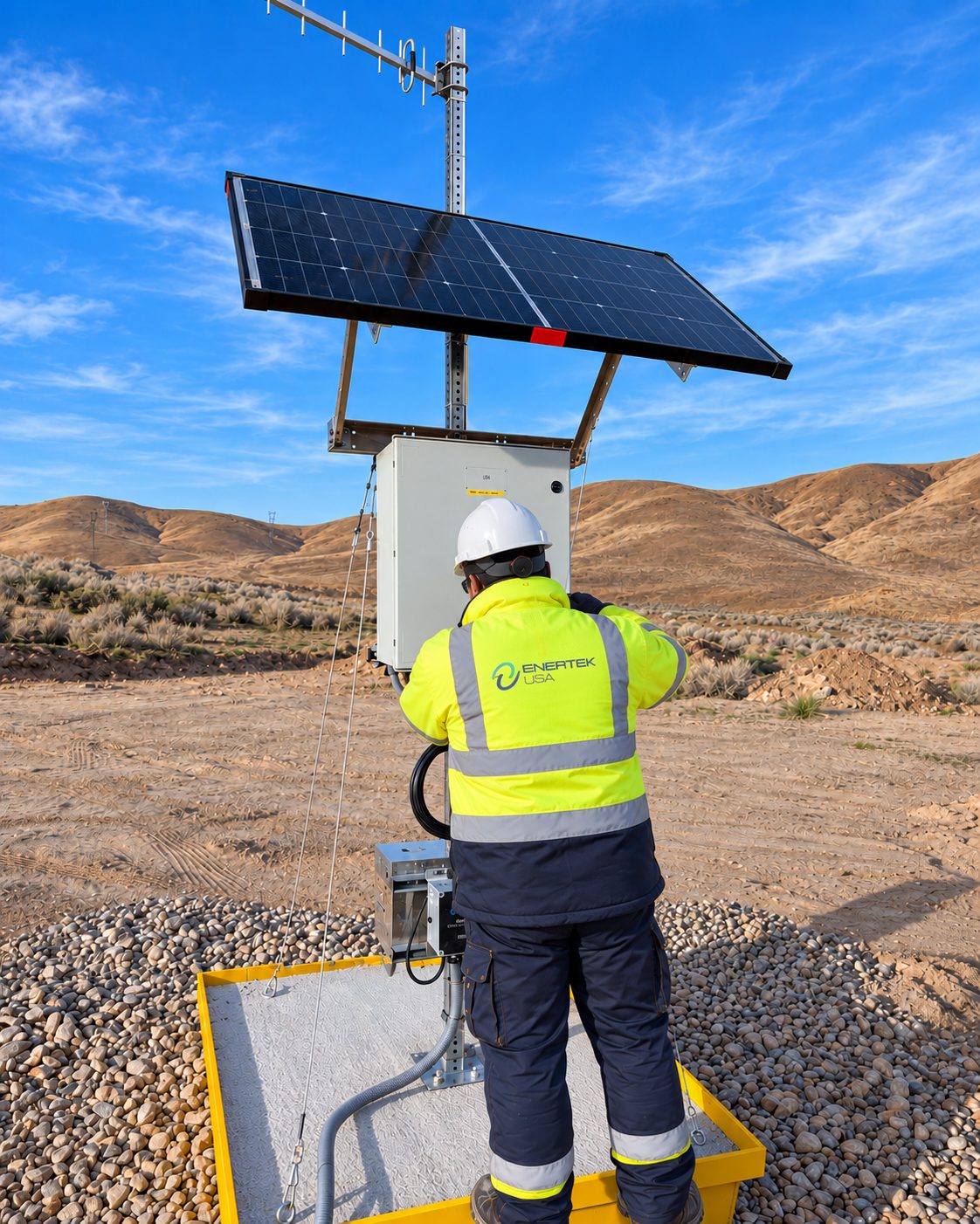 EnerTek technician servicing a solar monitoring station