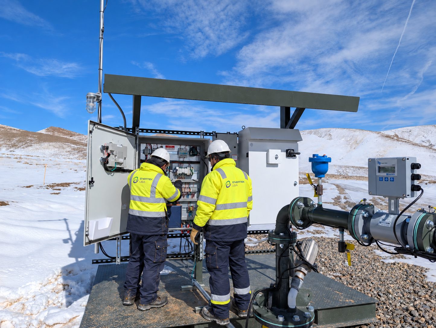 Two EnerTek technicians installing a control cabinet in snow