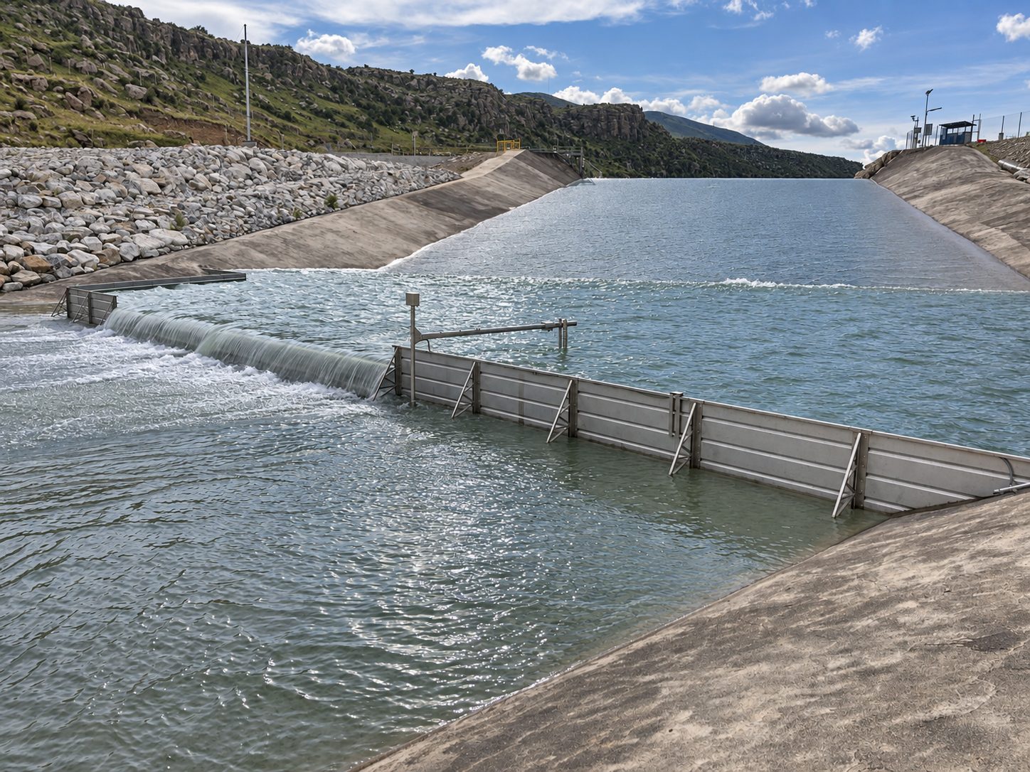 Flow control weir in a lined water channel