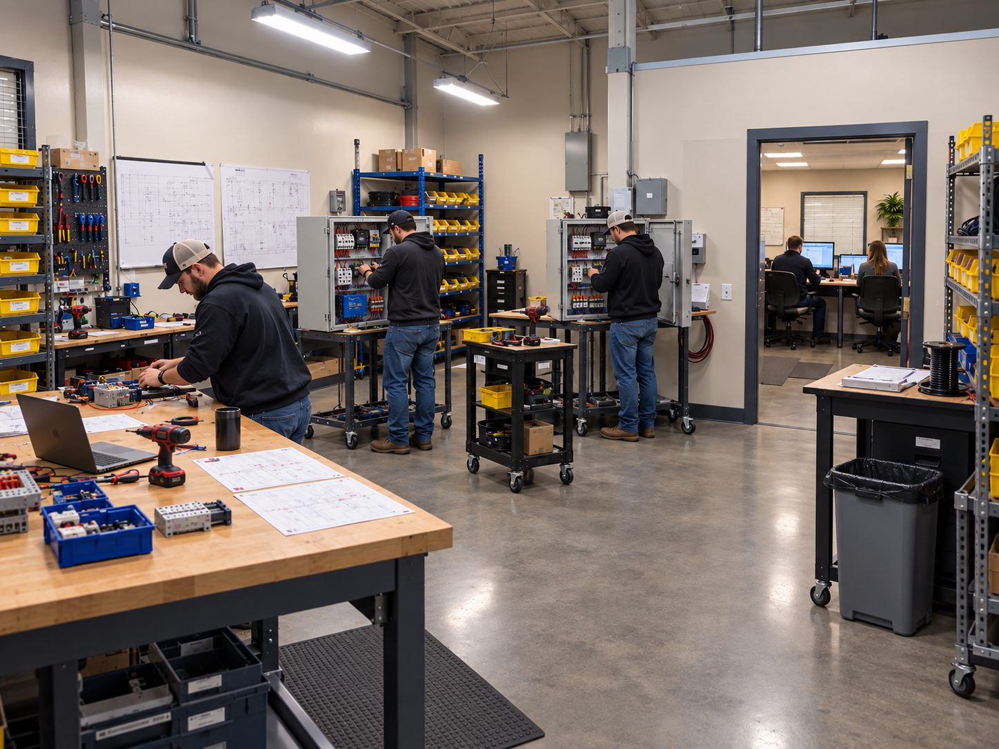 Technicians building panels in the Colorado shop