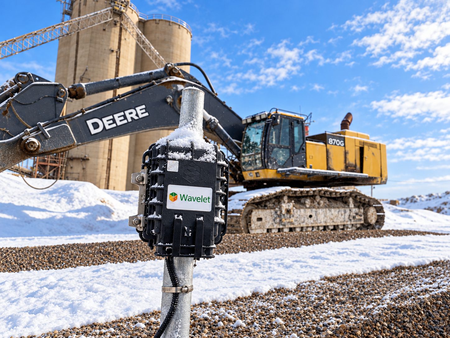 Wireless sensor on a post at a snowy mine site with an excavator behind