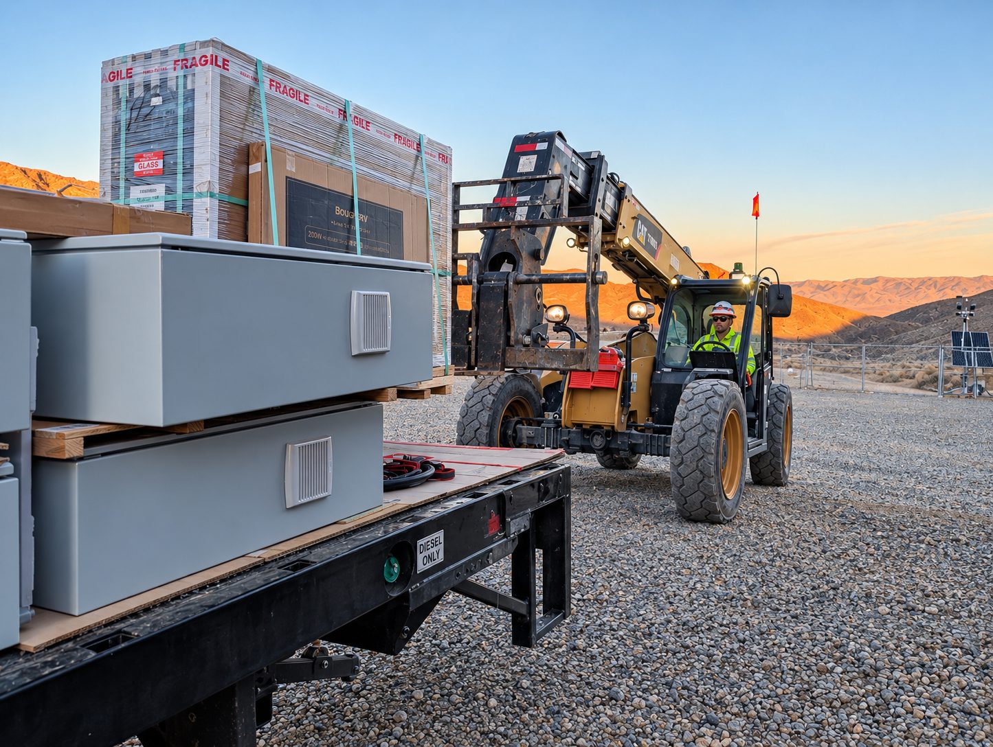 Control cabinets on a flatbed with a telehandler at a mine site