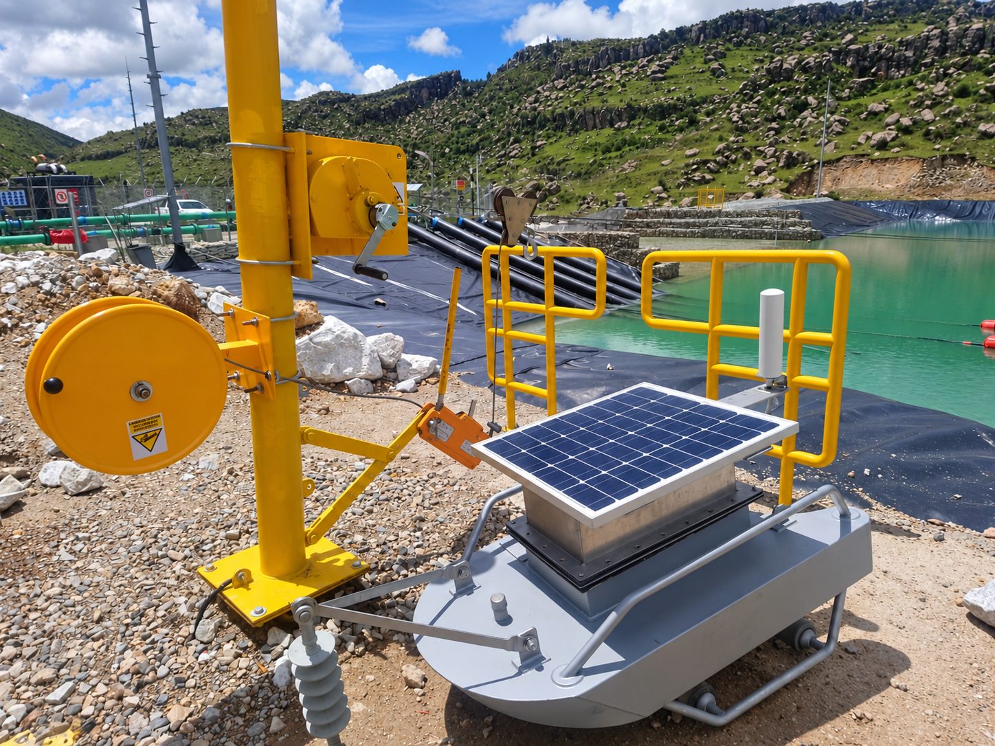 Floating solar monitoring platform with a yellow deployment arm on a tailings pond
