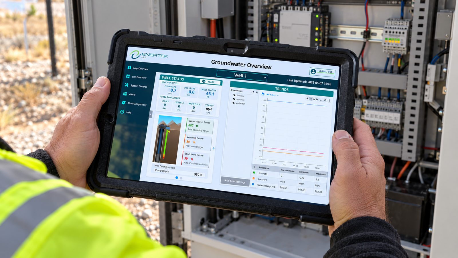 Technician at a control cabinet using SiteNet SCADA on a tablet in real time