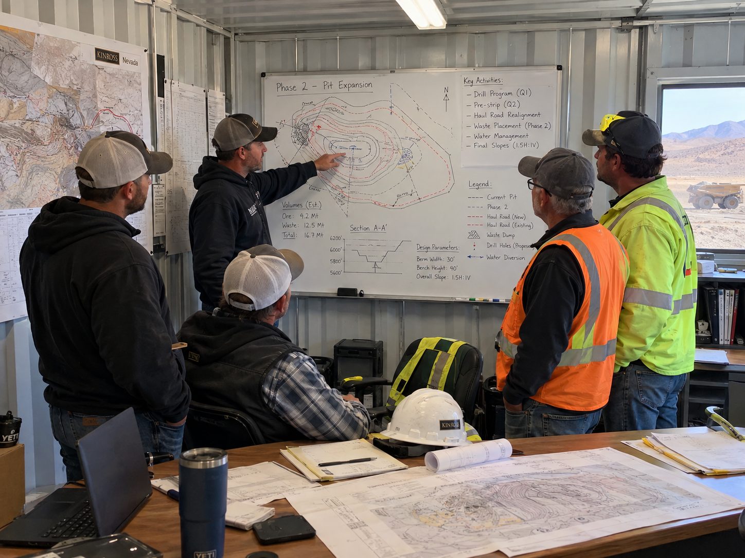 Site planning meeting with a mine operations team around a pit expansion plan