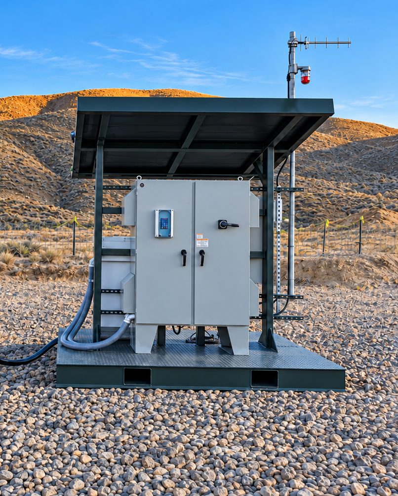 SiteNet C&A cabinet on its skid with shade roof and antenna