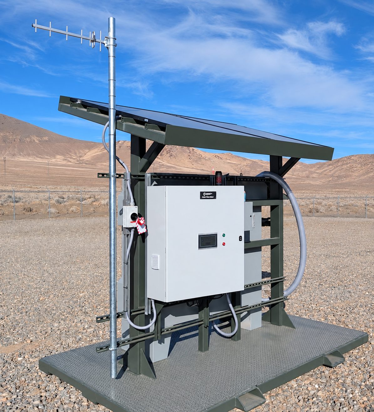 SiteNet C&A control and automation cabinet on its transportable skid, with solar roof and radio antenna