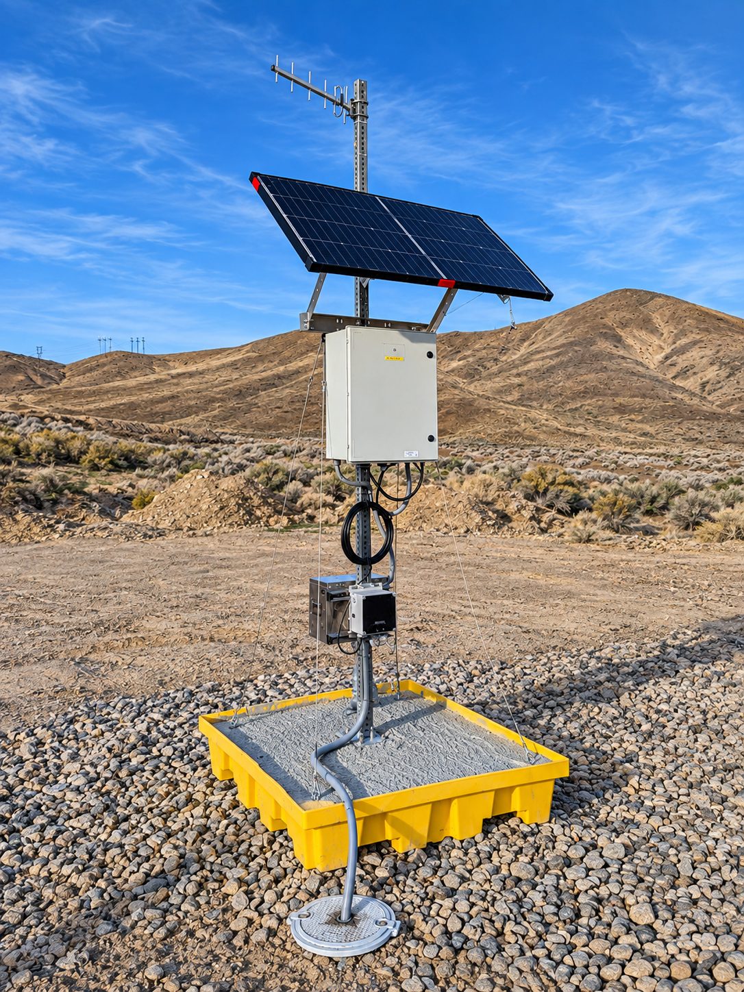 SiteNet Edge solar monitoring station with antenna, on a yellow transportable TubSkid base