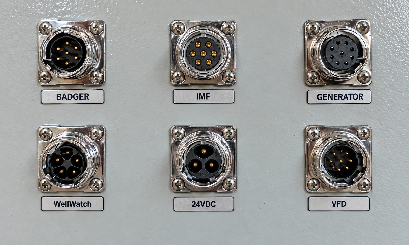 Labeled plug-and-play connector panel with six ports: Badger, IMF, Generator, WellWatch, 24VDC and VFD