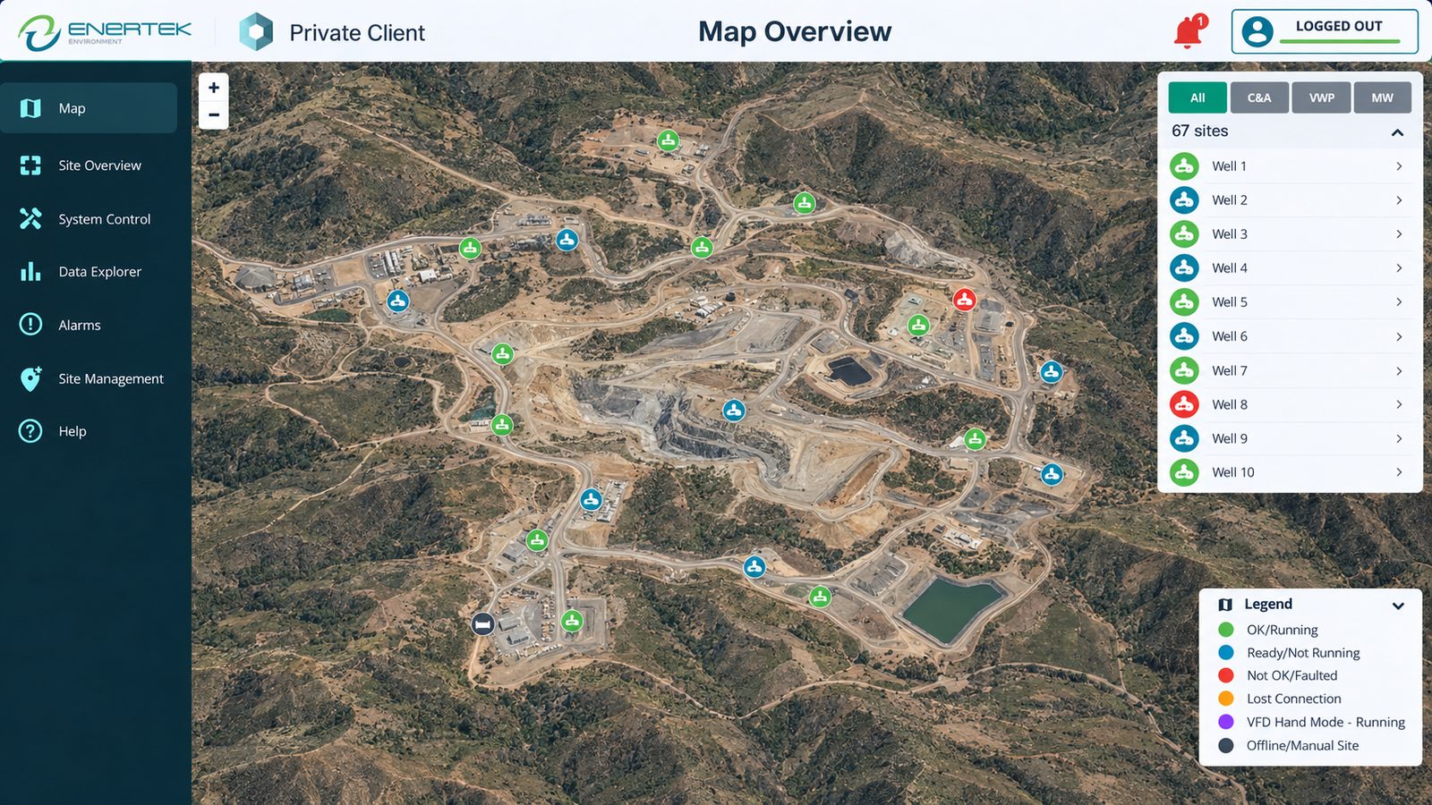SiteNet map overview showing well locations across a mine site