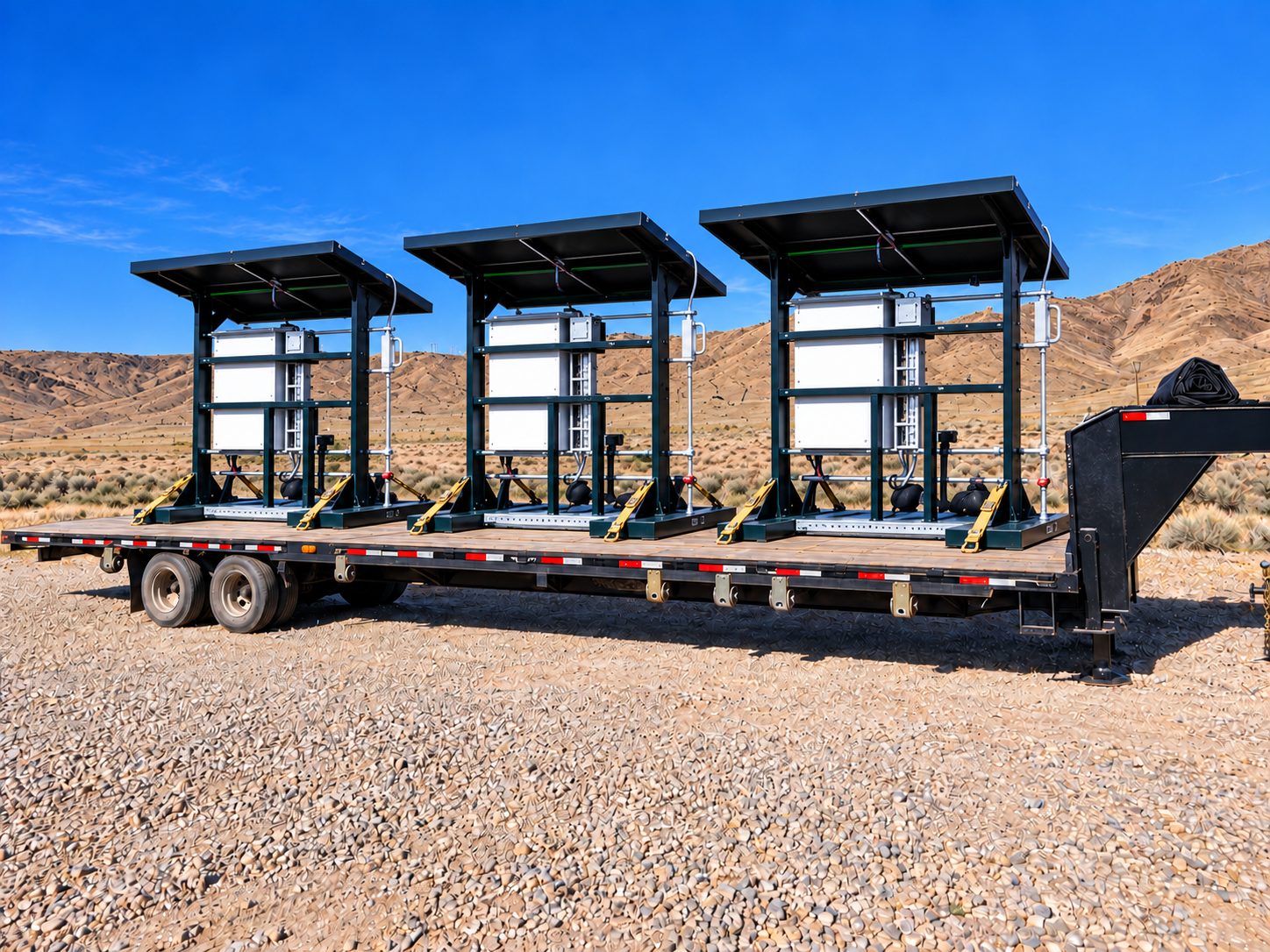 Three solar control skids on a flatbed trailer