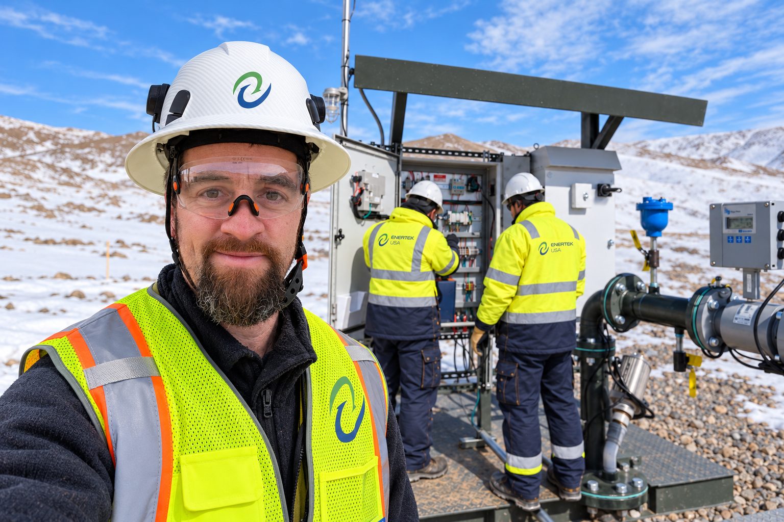 Alan Clarke on site with EnerTek technicians commissioning a pump control station